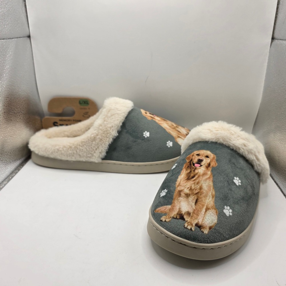 Snuggs Golden Retriever Memory Foam Slippers Blue Faux Fur L/XL 8.5-11 NEW